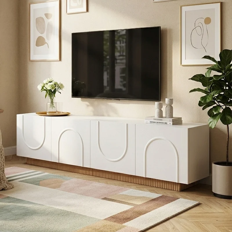 Meuble TV blanc, 4 portes, design arche cannelé moderne PILLOWWORK