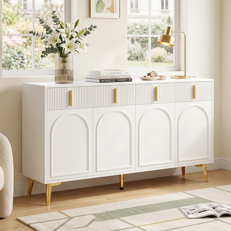 Buffet blanc design flûté 4 portes et 4 tiroirs avec pieds dorés, 140cm PLANTPRO