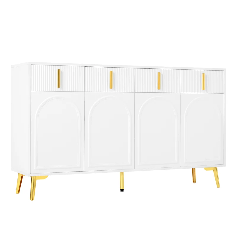 Buffet blanc design flûté 4 portes et 4 tiroirs avec pieds dorés, 140cm PLANTPRO