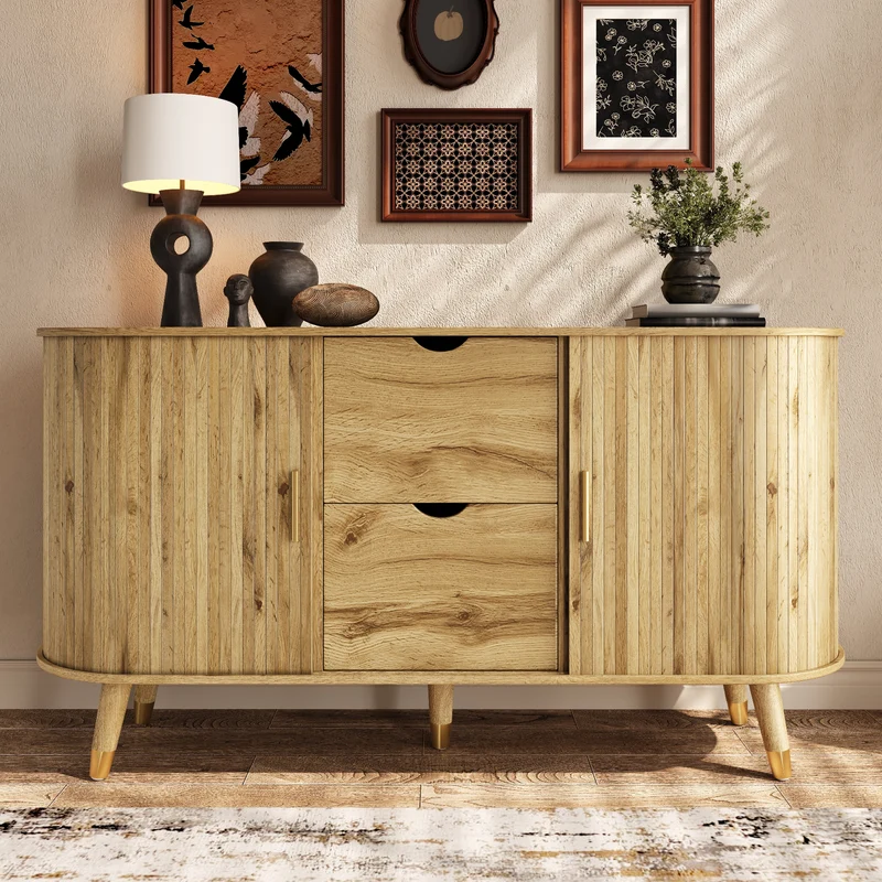 Buffet effet bois, rangement moderne à portes texturées 140x40x79.5cm PILLOWGLASS