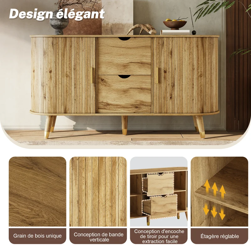 Buffet effet bois, rangement moderne à portes texturées 140x40x79.5cm PILLOWGLASS