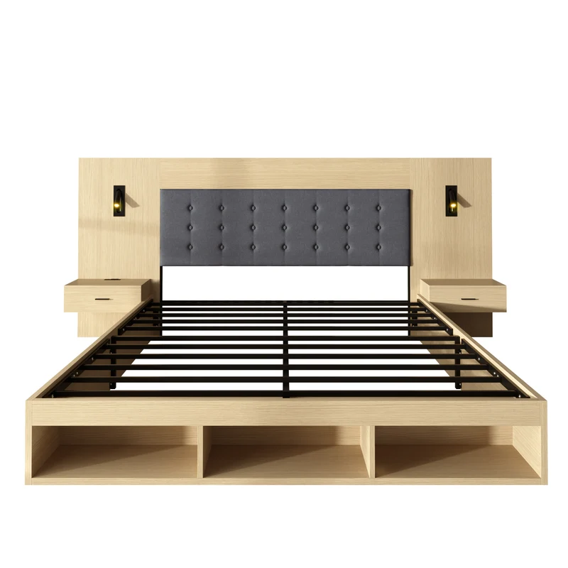Lit king size effet chêne clair, avec lampes LED, USB-C et chevets 180x200 cm, sans matelas NIGHTSTANDAIR