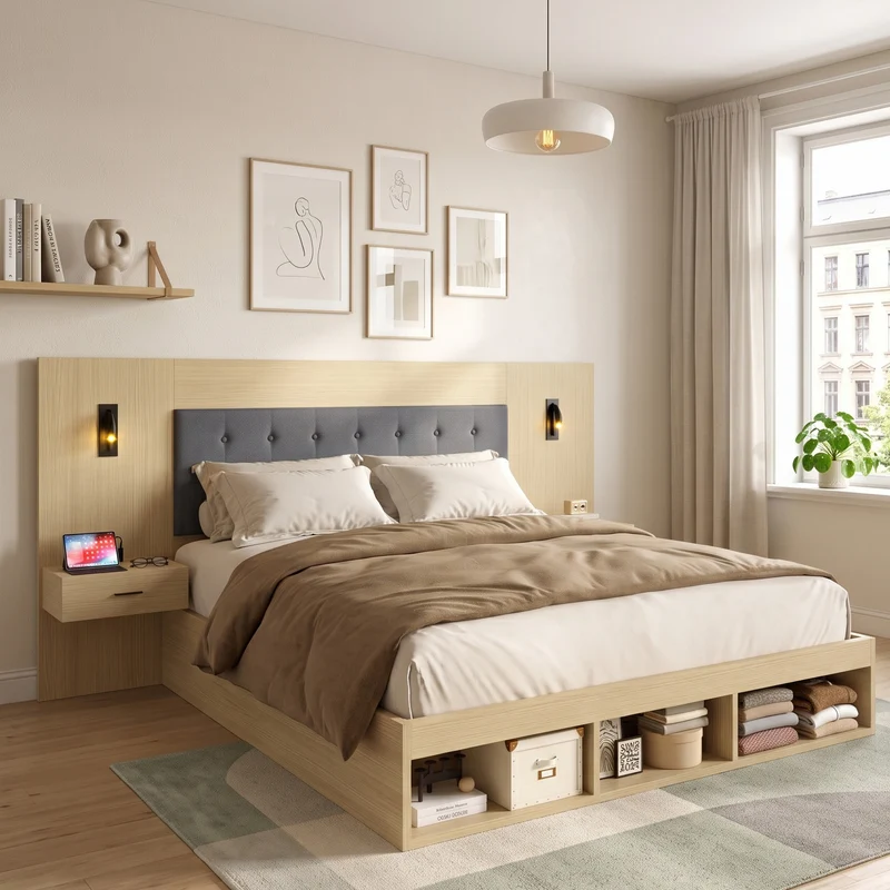 Lit king size effet chêne clair, avec lampes LED, USB-C et chevets 180x200 cm, sans matelas NIGHTSTANDAIR
