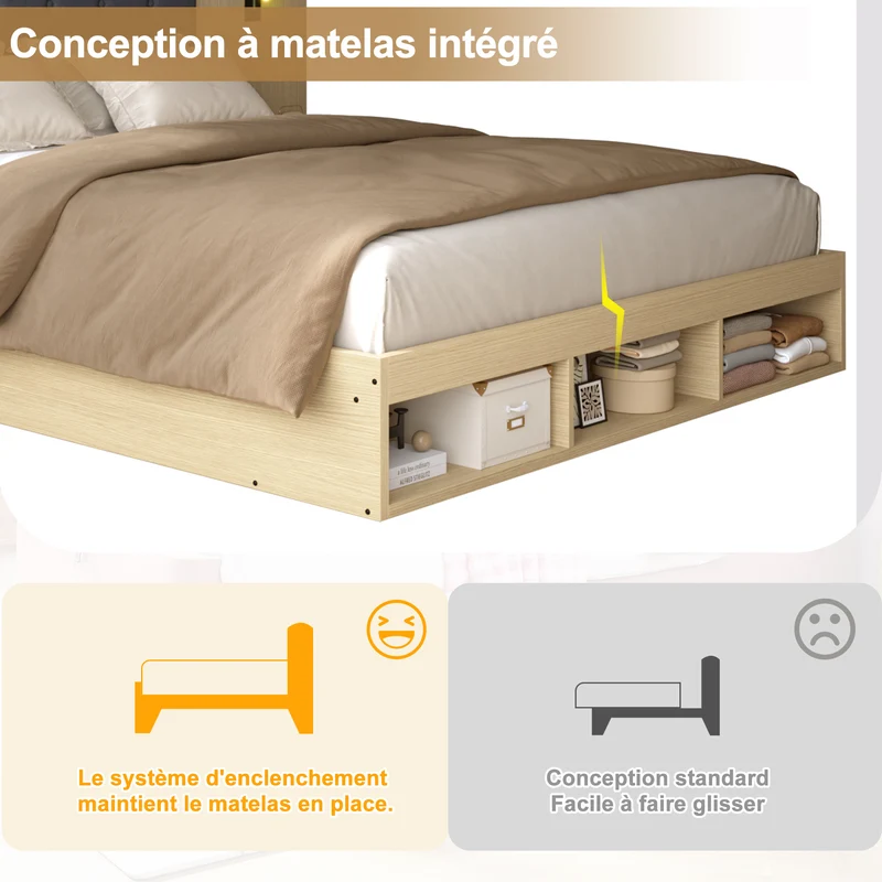 Lit king size effet chêne clair, avec lampes LED, USB-C et chevets 180x200 cm, sans matelas NIGHTSTANDAIR