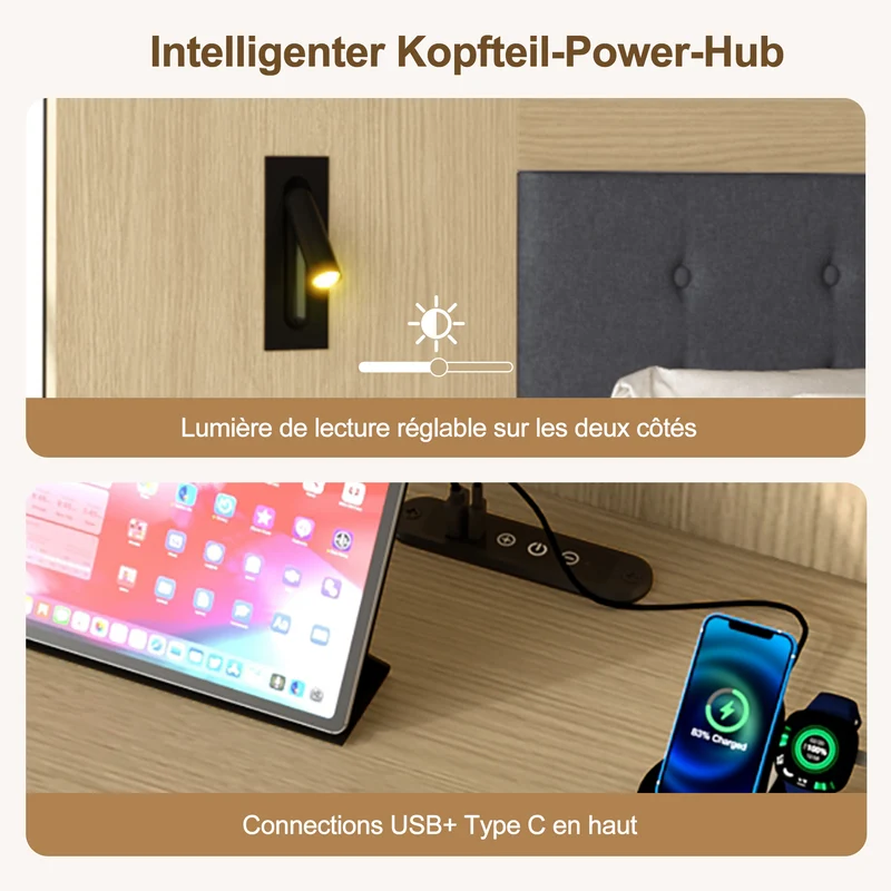 Lit king size effet chêne clair, avec lampes LED, USB-C et chevets 180x200 cm, sans matelas NIGHTSTANDAIR