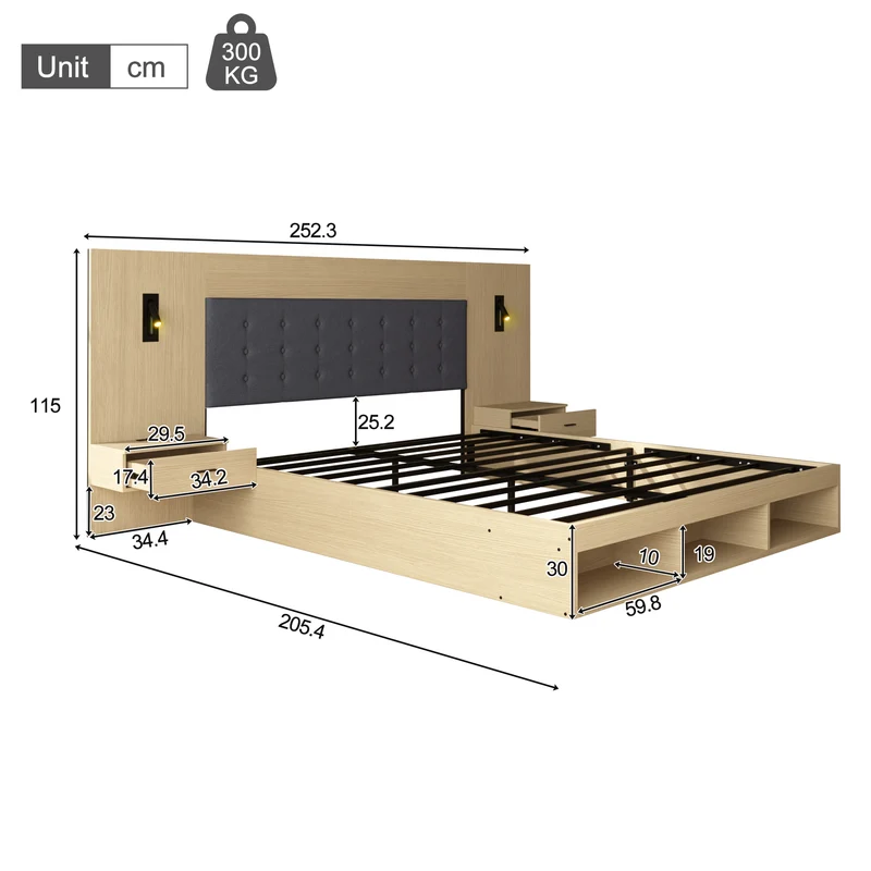 Lit king size effet chêne clair, avec lampes LED, USB-C et chevets 180x200 cm, sans matelas NIGHTSTANDAIR