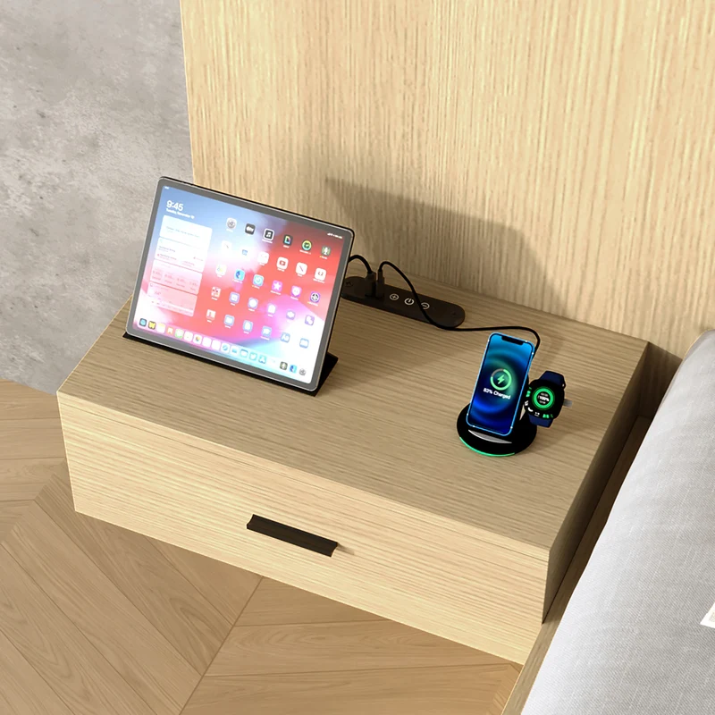 Lit king size effet chêne clair, avec lampes LED, USB-C et chevets 180x200 cm, sans matelas NIGHTSTANDAIR