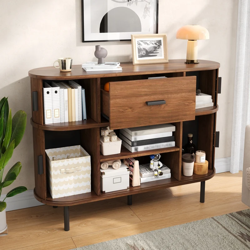 Buffet effet noyer à portes coulissantes et tiroir, style vintage 110 cm PILLOWPLACE