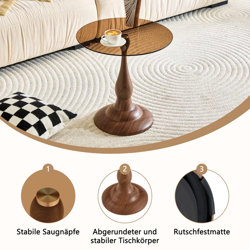 Table d’appoint ronde en verre teinté style moderne, pieds effet bois noyer PINEPLUS