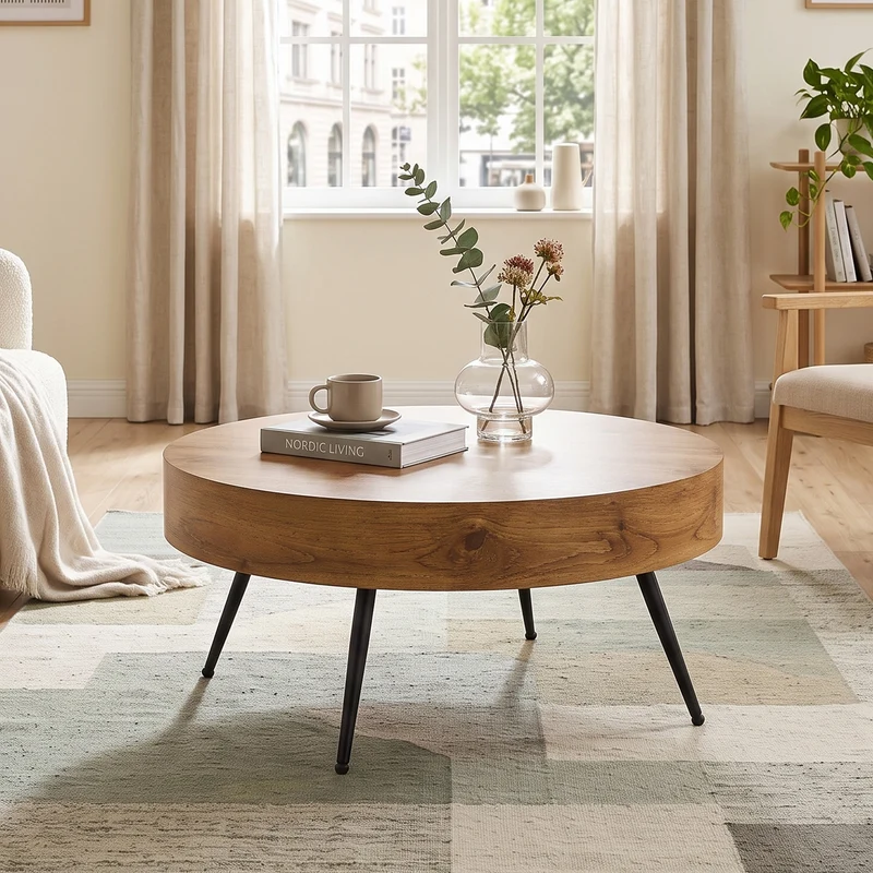 Table basse ronde effet bois, style industriel, pieds métal noir Ø70 cm PINEDIVIDER