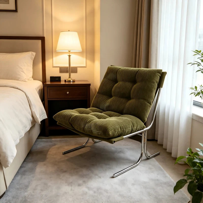 Fauteuil accent capitonné vert en velours côtelé, pieds métal PANELPLUS