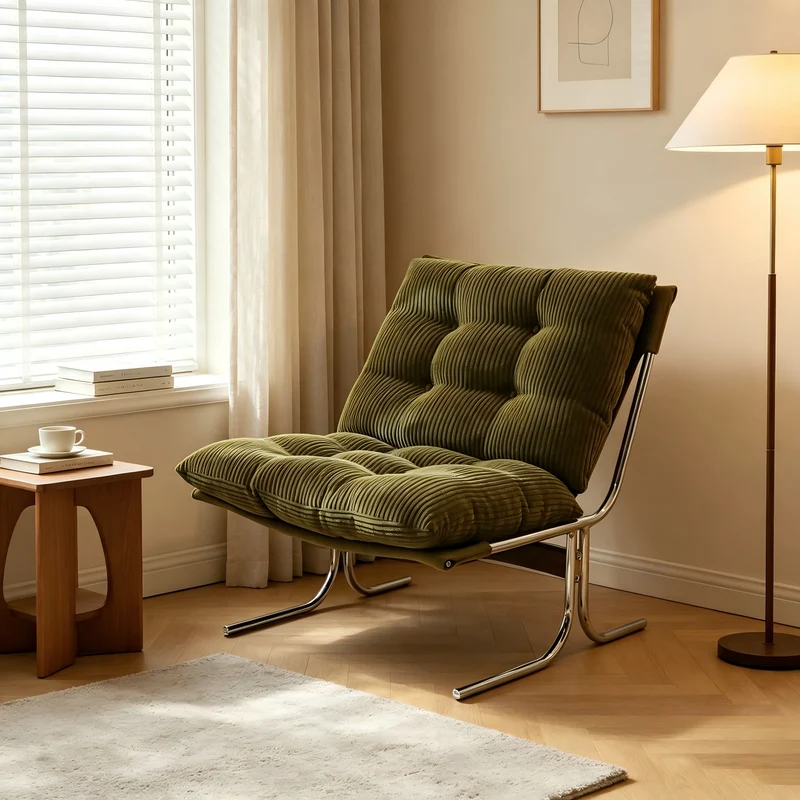 Fauteuil accent capitonné vert en velours côtelé, pieds métal PANELPLUS