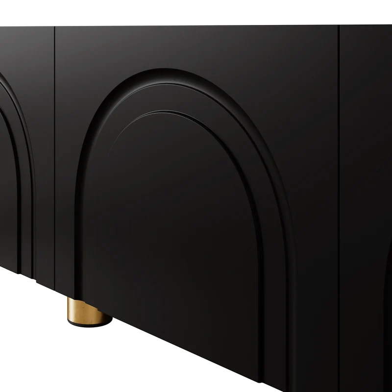 Meuble TV noir 4 portes à relief arqué pieds dorés, style moderne PLANTGRAY