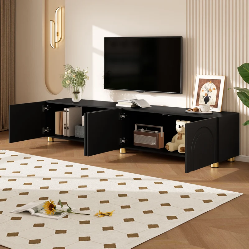 Meuble TV noir 4 portes à relief arqué pieds dorés, style moderne PLANTGRAY