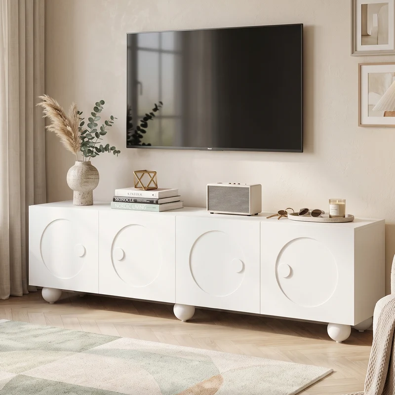 Meuble TV blanc motifs circulaires 3D et 4 portes avec pieds sphériques RATTANBOX