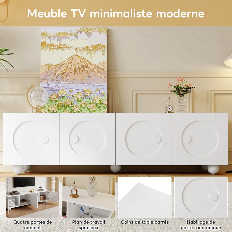 Meuble TV blanc motifs circulaires 3D et 4 portes avec pieds sphériques RATTANBOX