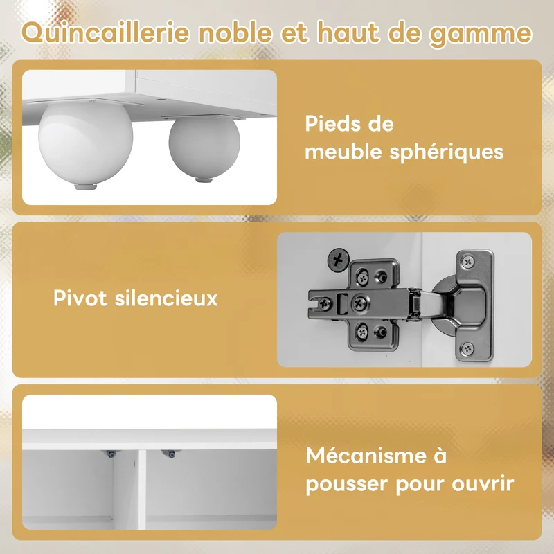 Meuble TV blanc motifs circulaires 3D et 4 portes avec pieds sphériques RATTANBOX