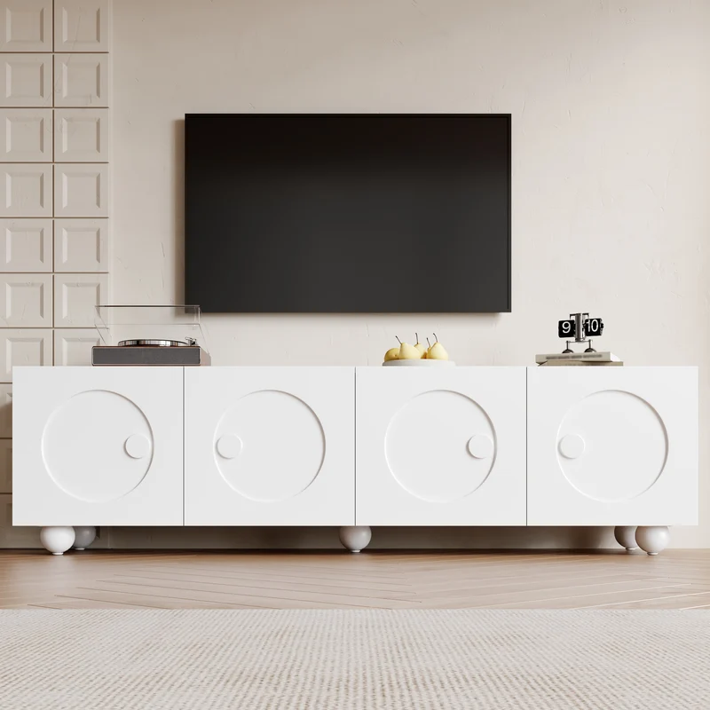 Meuble TV blanc motifs circulaires 3D et 4 portes avec pieds sphériques RATTANBOX
