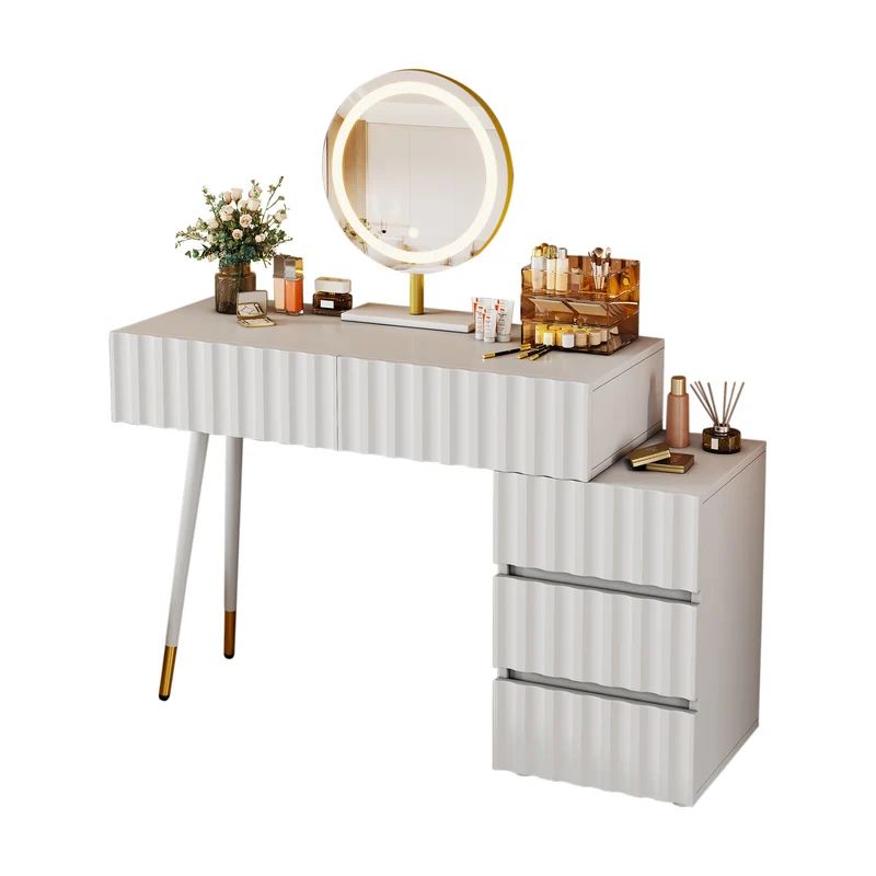 Coiffeuse blanche avec design ondulé, miroir éclairage LED STRINQRIN