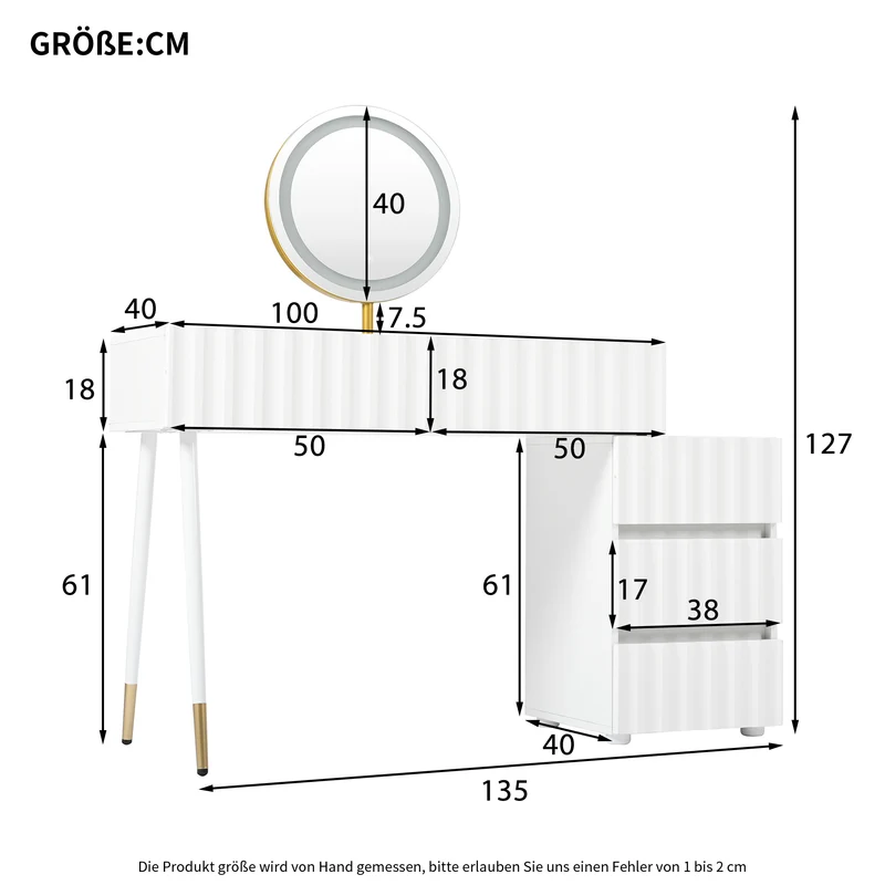 Coiffeuse blanche avec design ondulé, miroir éclairage LED STRINQRIN