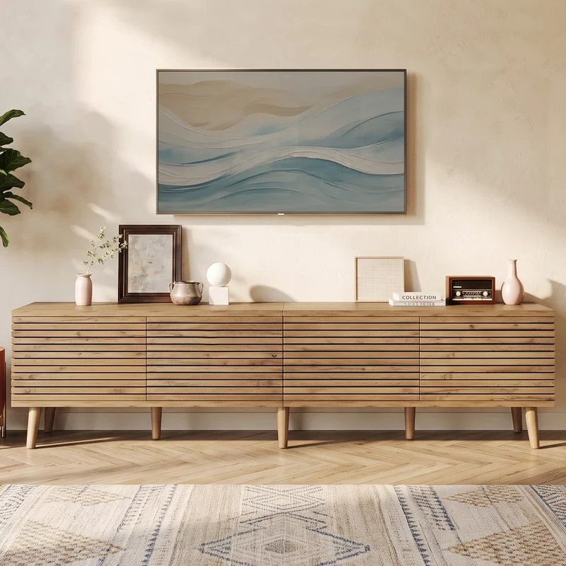 Meuble TV effet bois design à latte 4 portes rangement 180×40×46cm PANELNEST