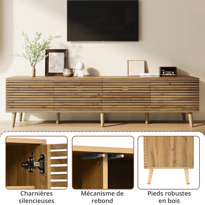 Meuble TV effet bois design à latte 4 portes rangement 180×40×46cm PANELNEST