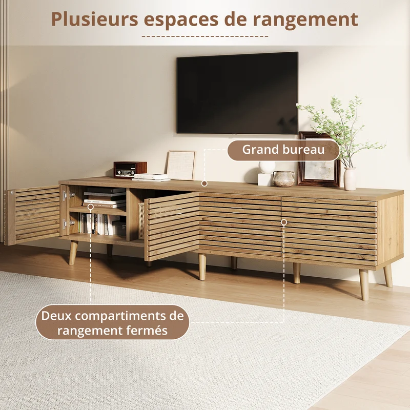 Meuble TV effet bois design à latte 4 portes rangement 180×40×46cm PANELNEST