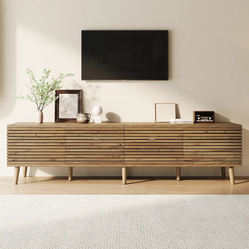 Meuble TV effet bois design à latte 4 portes rangement 180×40×46cm PANELNEST