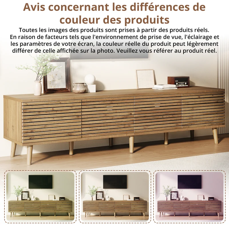 Meuble TV effet bois design à latte 4 portes rangement 180×40×46cm PANELNEST