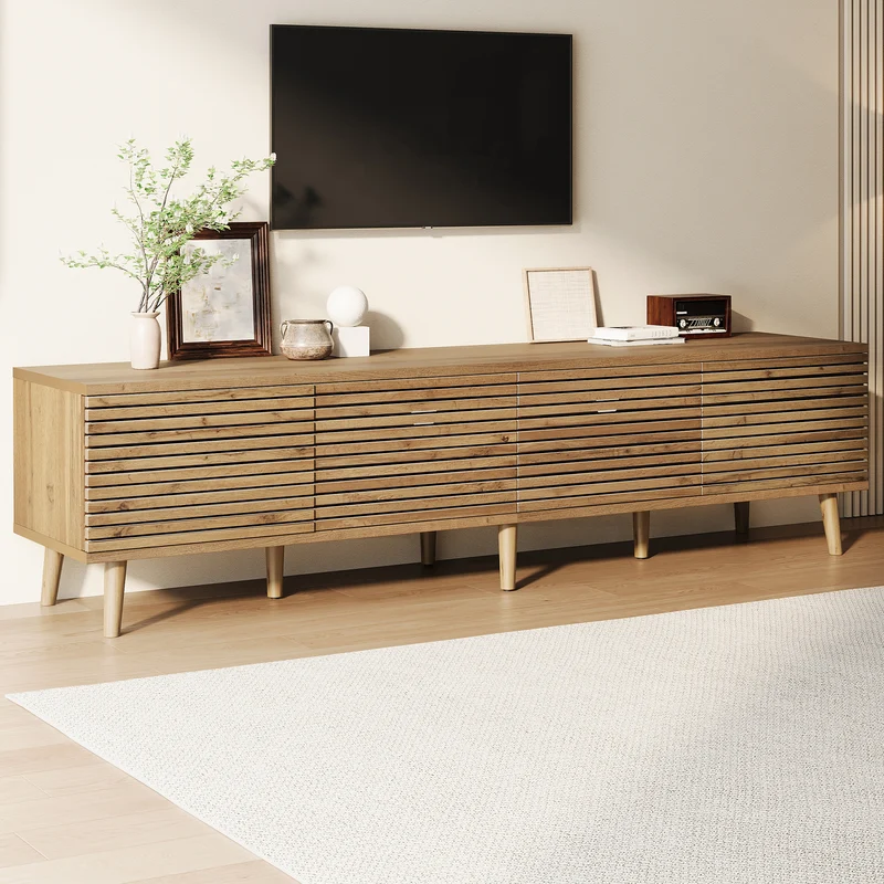 Meuble TV effet bois design à latte 4 portes rangement 180×40×46cm PANELNEST