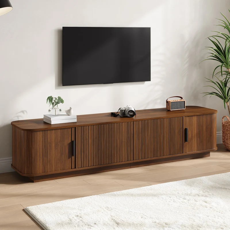 Meuble TV effet noyer avec LED 2 tiroirs 2 portes coulissantes 180×40×40cm PILLOWWICKER