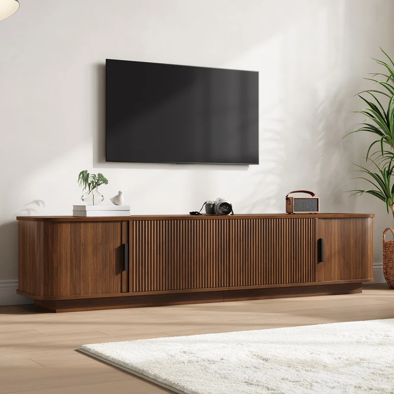 Meuble TV effet noyer avec LED 2 tiroirs 2 portes coulissantes 180×40×40cm PILLOWWICKER