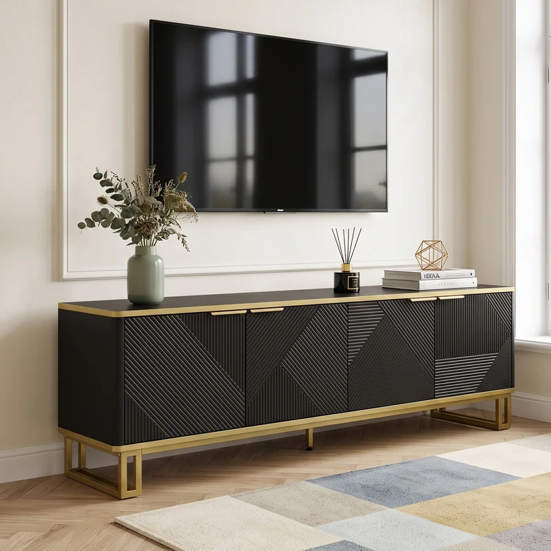 Meuble TV noir design géométrique doré et 4 portes 160cm PILLOWMARBLE