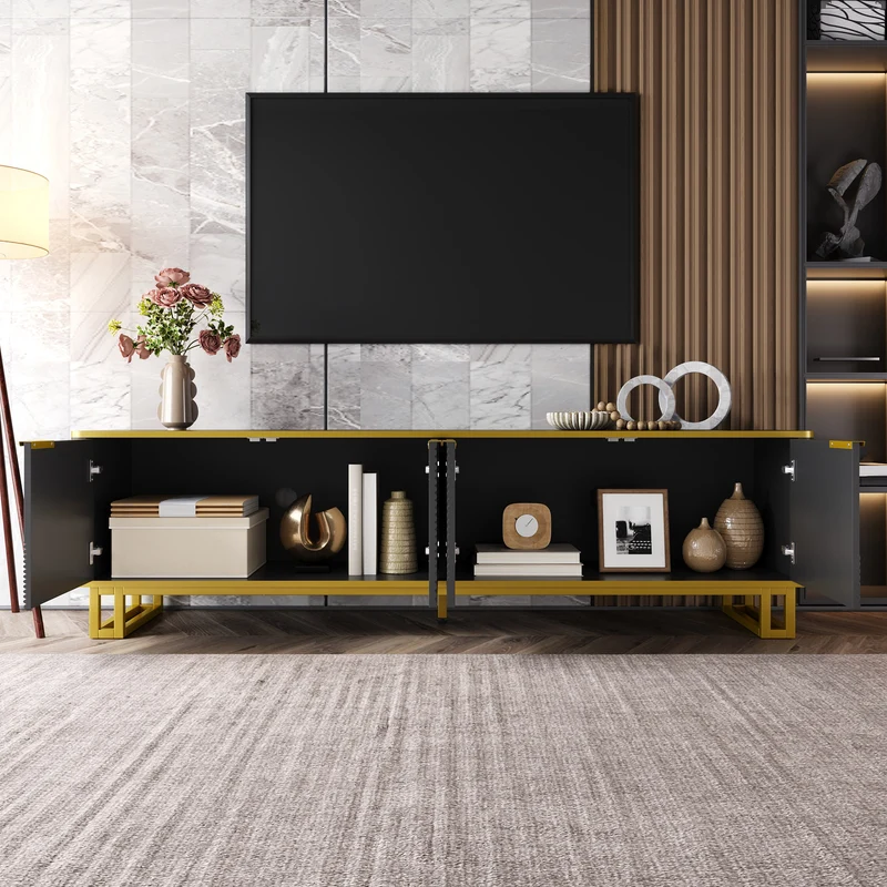 Meuble TV noir design géométrique doré et 4 portes 160cm PILLOWMARBLE