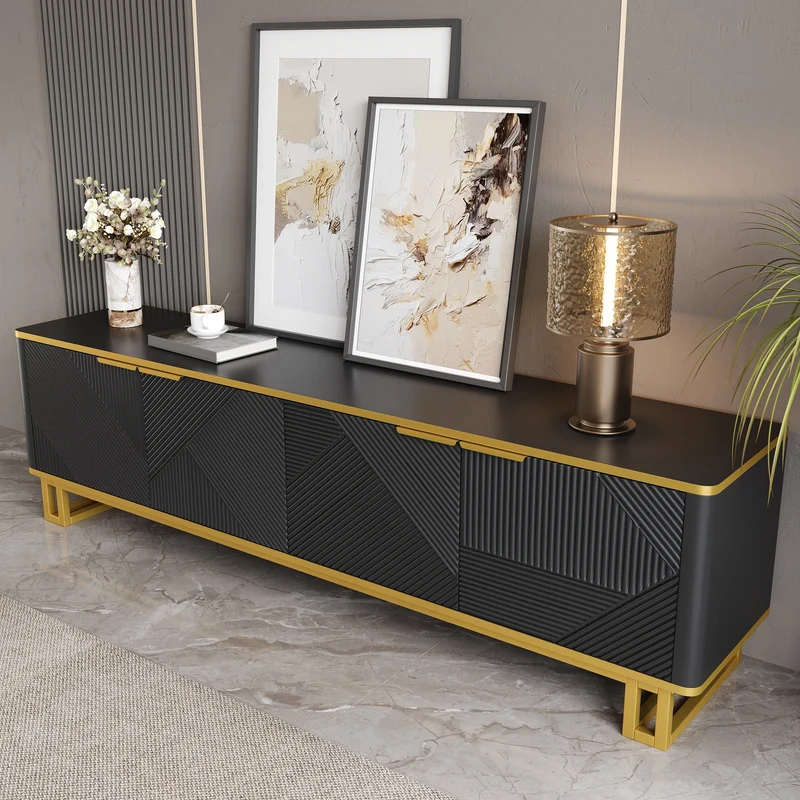 Meuble TV noir design géométrique doré et 4 portes 160cm PILLOWMARBLE