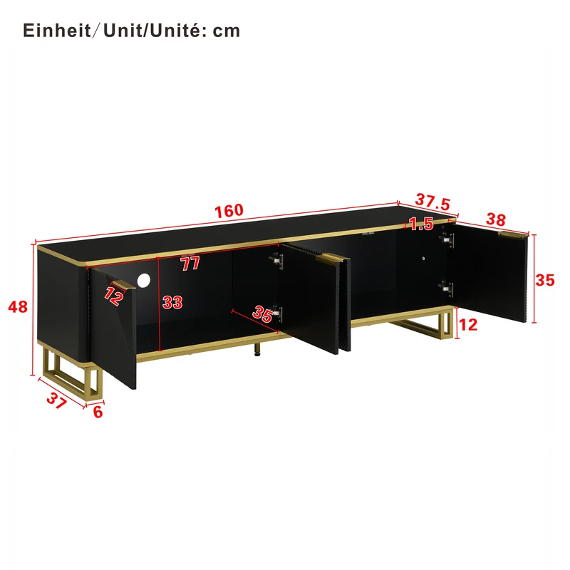 Meuble TV noir design géométrique doré et 4 portes 160cm PILLOWMARBLE