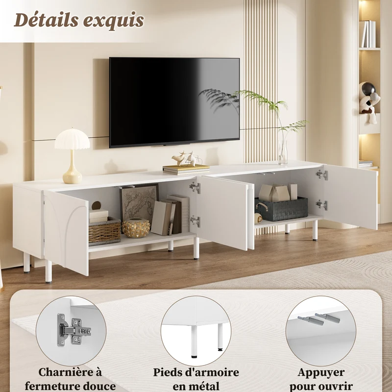 Meuble TV blanc design arche 4 portes 180×35×49cm PLANTEDGE