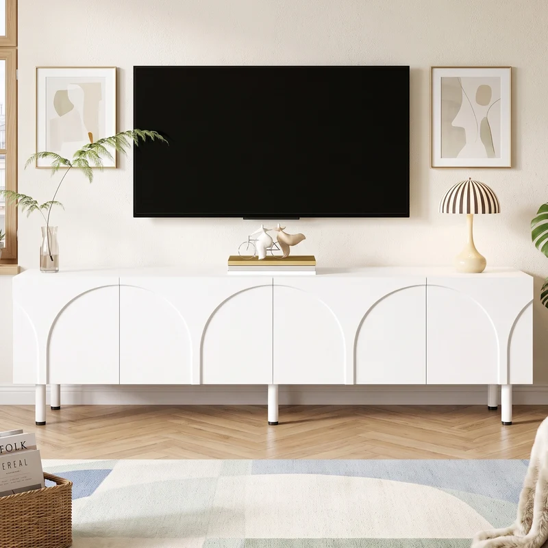 Meuble TV blanc design arche 4 portes 180×35×49cm PLANTEDGE