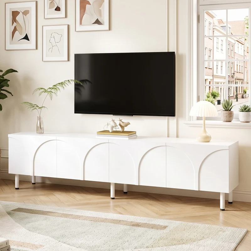 Meuble TV blanc design arche 4 portes 180×35×49cm PLANTEDGE