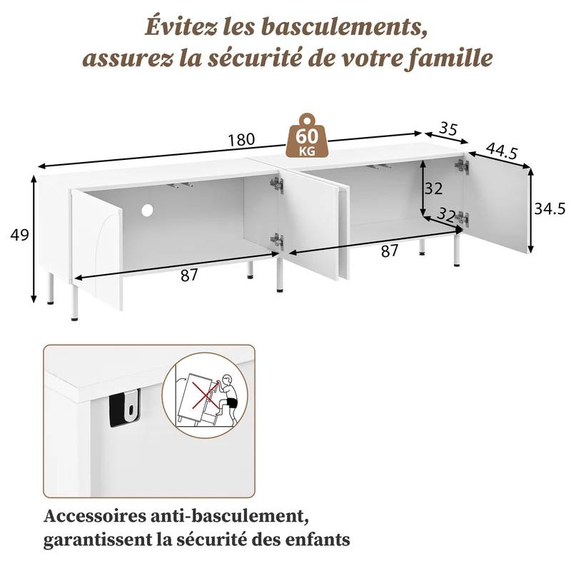 Meuble TV blanc design arche 4 portes 180×35×49cm PLANTEDGE
