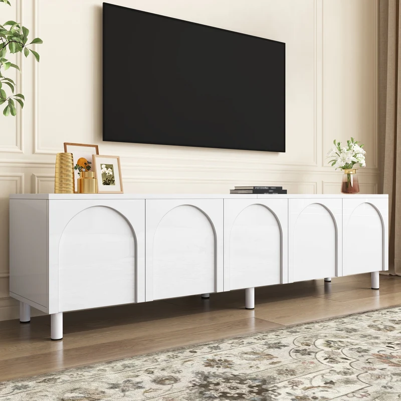 Meuble TV blanc motif arche à 5 portes avec pieds métal 180cm PLANTHAVEN