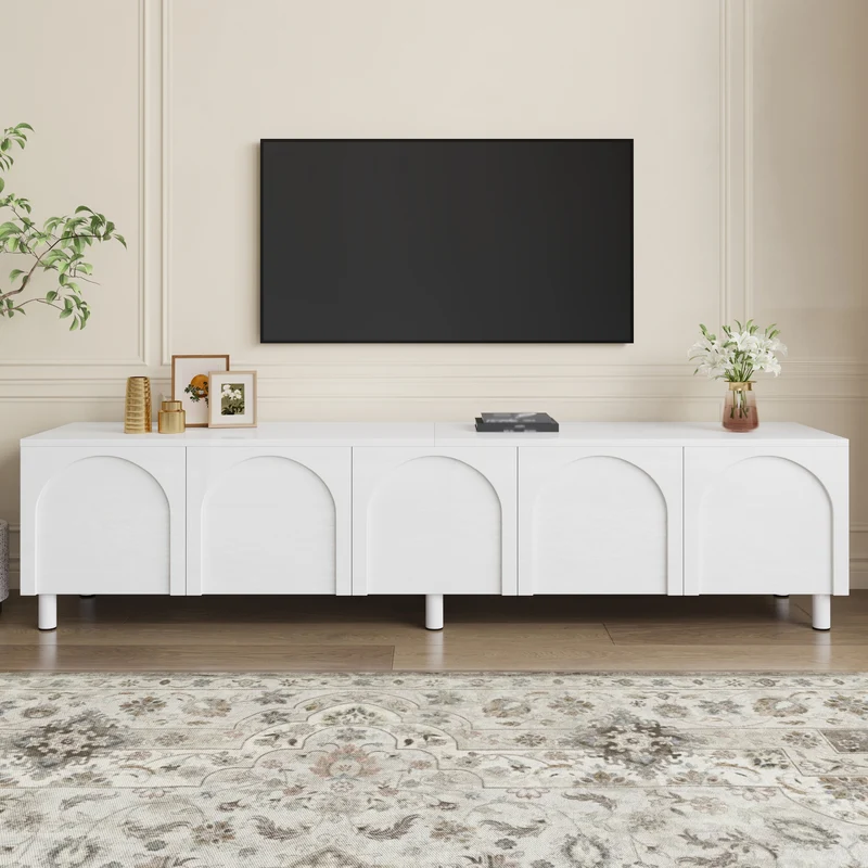 Meuble TV blanc motif arche à 5 portes avec pieds métal 180cm PLANTHAVEN