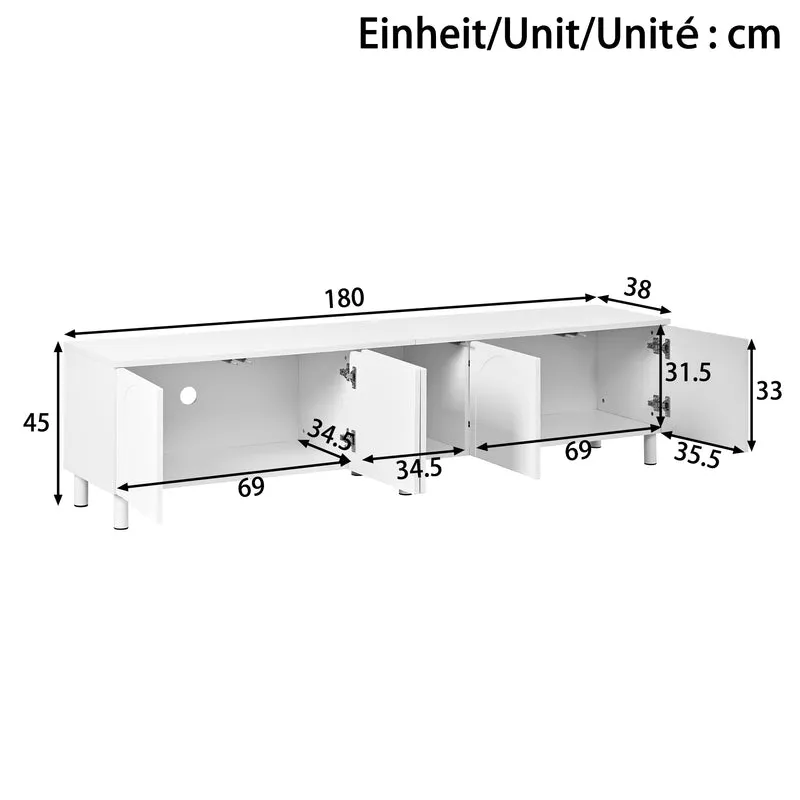 Meuble TV blanc motif arche à 5 portes avec pieds métal 180cm PLANTHAVEN