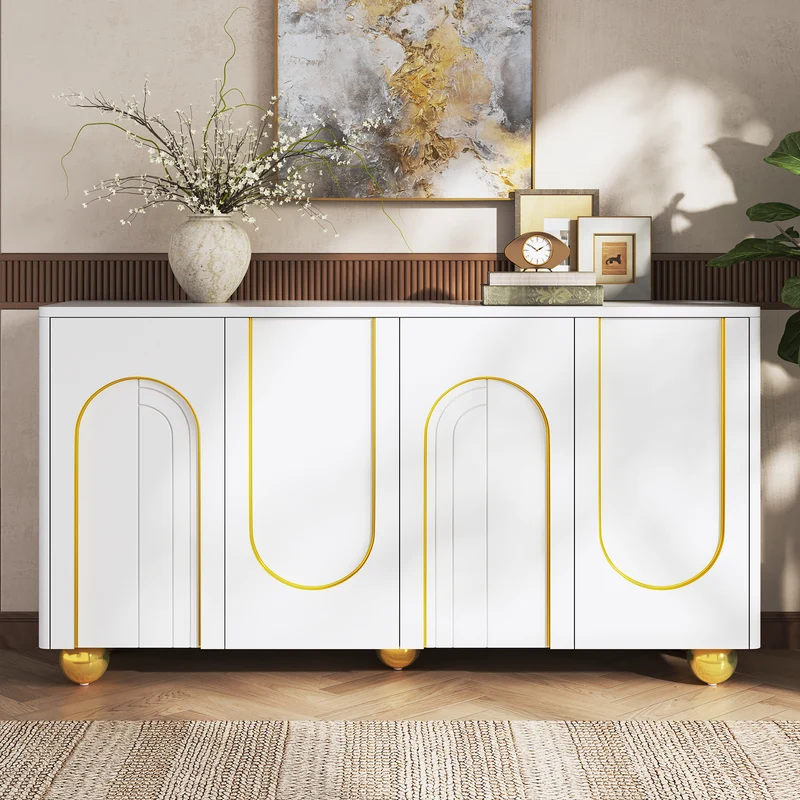 Buffet blanc motifs arche à 4 portes et pieds dorés 140×40×74cm PILLOWSTONE