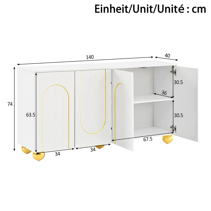 Buffet blanc motifs arche à 4 portes et pieds dorés 140×40×74cm PILLOWSTONE