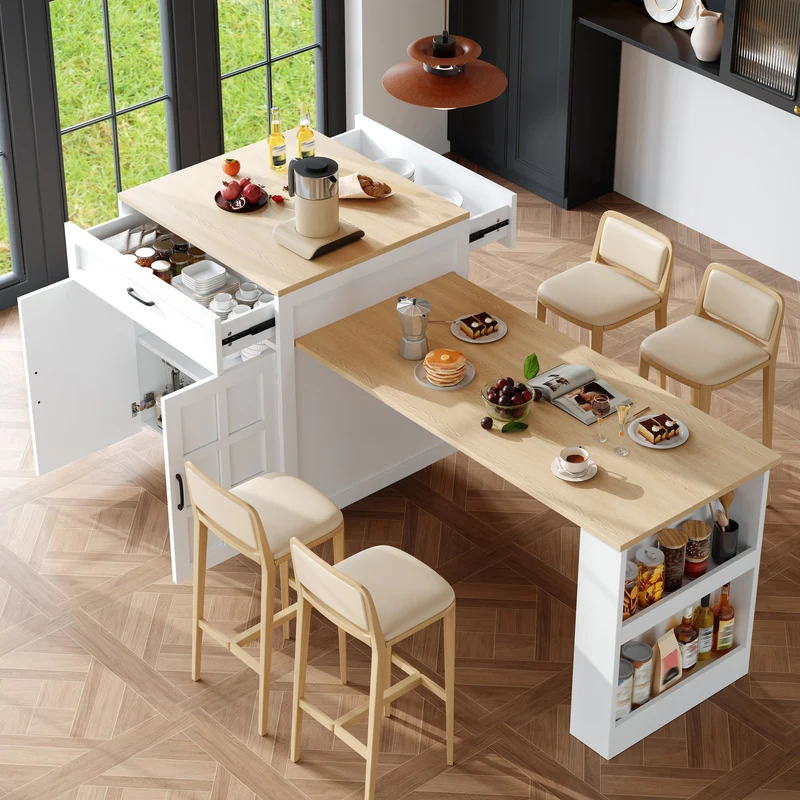 Gangliac Table de bar extensible 133-202cm MDF blanc avec rangements – Îlot de cuisine multifonction