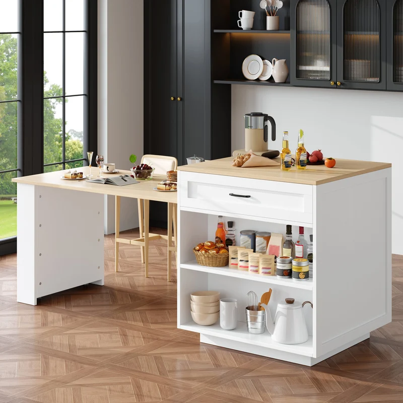 Gangliac Table de bar extensible 133-202cm MDF blanc avec rangements – Îlot de cuisine multifonction