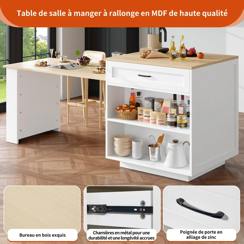 Gangliac Table de bar extensible 133-202cm MDF blanc avec rangements – Îlot de cuisine multifonction