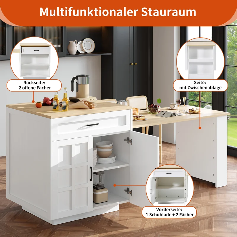 Gangliac Table de bar extensible 133-202cm MDF blanc avec rangements – Îlot de cuisine multifonction