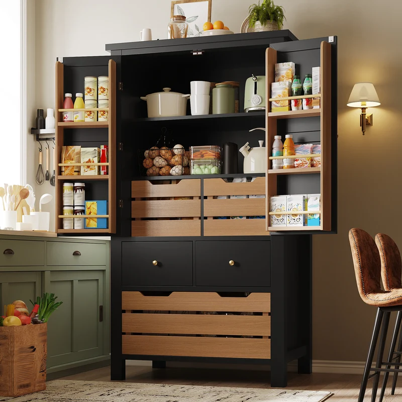 Tomomania Buffet de cuisine haut 80x40x140cm noir/blanc – Armoire de rangement multifonction en MDF, 5 tiroirs, 2 portes, style rétro moderne